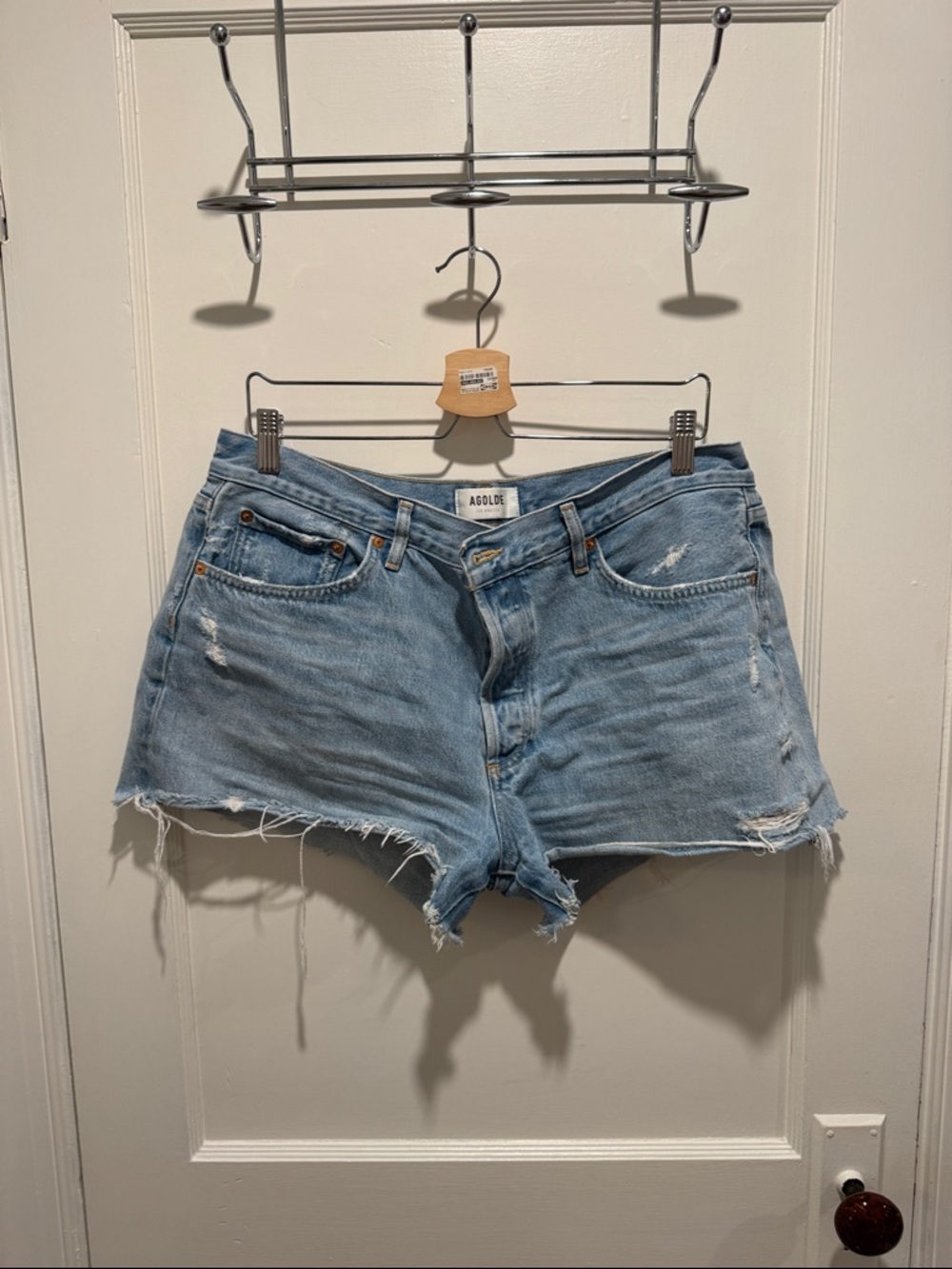 Agolde Parker Light Blue Distressed Denim Cutoff Shorts